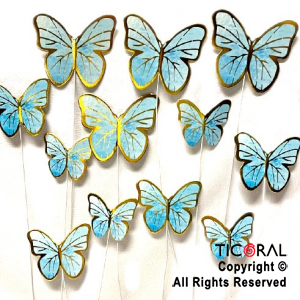 CAKE TOPPER MARIPOSA CELESTE BORDE DORADO CON PINCHE X12 UNIDADES